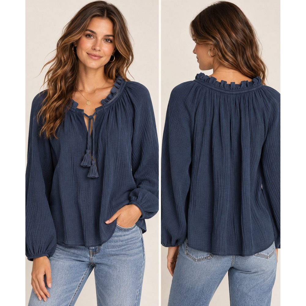 Navy 100% Cotton Gauze Top Blouse L Boho Peasant Ruffle Tassel Balloon Sleeve